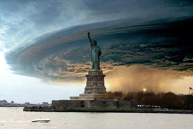 Figure 1 - Fake image of the Statue of Liberty during Hurricane Sandy -  "Human sacrifice, dogs and cats living together... mass hysteria! " 